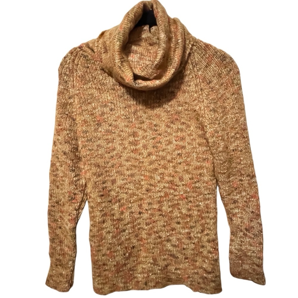 VINTAGE 70S WOOL BLEND COWL NECK SWEATER TAN MULTICOLOR COZY HAND-KNIT STYLE